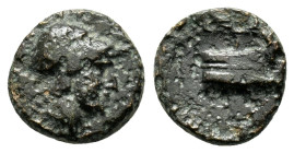 KINGS of MACEDON.Demetrios I.(306-283 BC).Ae.

Obv : Head of Athena to right wearing Corinthian helmet.

Rev : BA.
Prow right; monogram below.
SNG Alp...