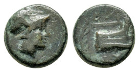 KINGS of MACEDON.Demetrios I.(306-283 BC).Ae.

Obv : Head of Athena to right wearing Corinthian helmet.

Rev : BA.
Prow right; monogram below.
SNG Alp...