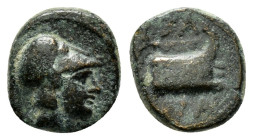 KINGS of MACEDON.Demetrios I.(306-283 BC).Ae.

Obv : Head of Athena to right wearing Corinthian helmet.

Rev : BA.
Prow right; monogram below.
SNG Alp...