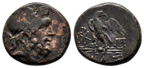 BITHYNIA. Dia.(Circa 85-65 BC).Ae.

Obv : Laureate head of Zeus to right.

Rev : ΔΙΑΣ.
Eagle standing left on thunderbolt, head right; monograms to le...