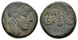 PONTOS. Amisos.(Circa 111-105 or 95-90 BC). Struck under Mithradates VI Eupator.Ae.

Obv : Helmeted head of Ares right.

Rev : AMI - ΣOV.
Sword in she...