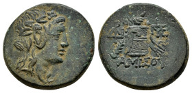PONTOS. Amisos.Time of Mithradates VI Eupator.(Circa 105-90 or 90-85 BC). Ae.

Obv: Head of Dionysos right, wearing ivy wreath.

Rev: AMIΣOY.
Thyrsos ...