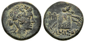 PONTOS. Amisos.Time of Mithradates VI Eupator.(Circa 105-90 or 90-85 BC). Ae.

Obv: Head of Dionysos right, wearing ivy wreath.

Rev: AMIΣOY.
Thyrsos ...