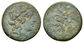 PONTOS. Komana.(Circa 85-65 BC).Ae.

Obv : Head of Dionysios right, wearing mitra and ivy wreath.

Rev : KOMA - NΩN.
Filleted thyrsos; two monogr...