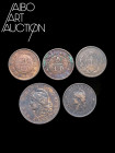 Monnaie étrangère Cuivre - Argentine - Lot de cinq monnaies 1823-1889. Un Decimo 1823, 5/10 Real 1827 (2 ex.), un Centavo 1884 et 2 Centavos 1889 d'Ar...