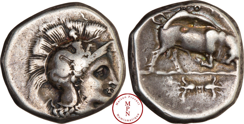 Lucanie, Thurium, Statère, 350 avant J.-C., Av. Tête d'Athéna à droite, coiffé d...