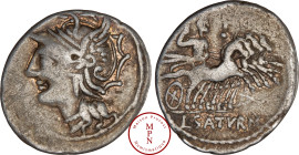 Saturnia, L. Appullius Saturnius, Denier, 104 avant J.-C., Av. Tête casquée à gauche, Rv. L. SATVRN, Quadrige à droite, Argent, TTB, 3.84g, 20.5mm, Cr...