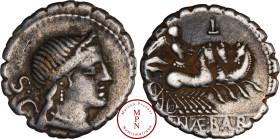 Naevia, C. Naevius Balbus, Denier serratus, 79 avant J.-C., Av. Tête de Vénus à droite, S.C., Rv. C•NAE•BALB, Trige à droite, conduit par une Victoire...