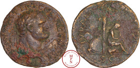 Titus (68-81), As, Lyon, 77, Av. T CAES IMP AVG TR P COS VI CENSOR, Tête laurée à droite, Rv. IVDAEA CAPTA, La Judée captive assise à droite, derrière...