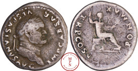 Vespasien (69-79), Denier, Rome, Av. IMP CAESAR VESPASIANVS AVG, Tête laurée à droite, Rv. PON MAX TR P COS V, Vespasien assis à droite, tenant un sce...