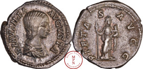 Plautille (211), Denier, Rome, 203, Av. PLAVTILLA AVGVSTA, Buste drapé à droite, Rv. PIETAS AVGG, La Piétée à droite, tenant un enfant et un sceptre l...