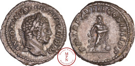 Caracalla (198-217), Denier, Rome, 215, Av. ANTONINVS PIVS AVG GERM, Tête laurée à droite, Rv. P M TR P XVIII COS IIII P P, Asclepios debout de face, ...