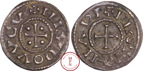 France, Carolingiens, Louis le Pieux ou le débonnaire (814-840), Obole, Av. + H LVDOVVCV, Croix cantonnée de points, Rv. + PISTIANA RI, Croix, Argent,...