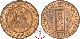 Indochine Française, 1 Centième, 1888, Paris, Av. REPUBLIQUE FRANCAISE. 1888., La République assise de face, les jambes à gauche, tenant un faisceau, ...