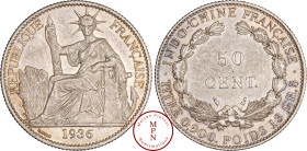 Indochine Française, 50 Cent, 1936, Paris, Av. REPUBLIQUE FRANCAISE, La République assise à gauche, tenant un faisceau de licteur, Rv. INDO-CHINE FRAN...