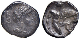 CALABRIA Taranto - Diobolo (circa 380-334 a.C.) Testa di Atena a d. - R/ Eracle strozza il leone - S.ANS 1418 AG (g 1,10)

Status: qBB