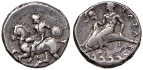 CALABRIA Taranto Statere (circa 380-340 a.C.), Cavaliere a s. con scudo ├ R/ TAPAΣ , Taras su delfino a s. con elmo - Questo esemplare viene dalla ste...