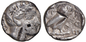 ATTICA Atene - Tetradramma (circa 479-393 a.C.) Testa elmata di Atena a d. - R/ Civetta stante di fronte - S.Cop. 33 e segg. AG (g 16,95) Punzoni di v...