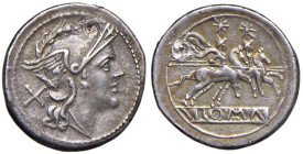 Anonime - Denario (dopo il 211 a.C.) Testa di Roma a d. - R/ I Dioscuri a cavallo a d., sotto, ROMA in rilievo - B. 2; Cr. 44/5 AG (g 4,43) Foro ottur...