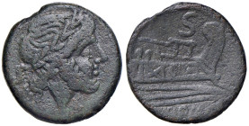 Anonime - Semisse simbolo bastone (circa 208 a.C.) Testa d Saturno a d. - R/ Prua a d., sopra, bastone - Cr. 106/5 AE (g 18,60)

Status: BB