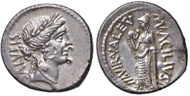 Acilia - Man. Acilius Glabrio - Denario (49 a.C.) Testa della Salute a d. - R/ La Salute stante a s. - B. 8; Cr. 442/1 AG (g 4,00) Due contromarche (?...