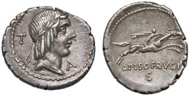 Calpurnia - L. Calpurnius Piso Frugi - Denario (90 a.C.) Testa di Apollo a d. - R/ Cavaliere al galoppo a d. con ramo di palma - B. 11; Cr. 340/1 AG (...