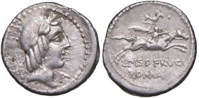 Calpurnia - L. Calpurnius Piso Frugi - Denario (90 a.C.) Testa di Apollo a d. - R/ Cavaliere al galoppo a d. con ramo di palma. Sopra, cavallo stante ...