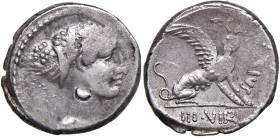 Carisia - T. Carisius - Denario (46 a.C.) Testa della Sibilla a d. - R/ Sfinge stante a d. - B. 11; Cr. 464/1 AG (g 4,03)

Status: qBB