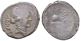 Carisia - T. Carisius - Denario (46 a.C.) Testa di Giunone Moneta a d. - R/ Strumenti per battere moneta in corona d’alloro - Cr. 464/2 AG (g 3,84)
...