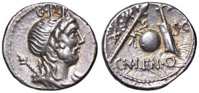 Cornelia - Cn. Lentulus - Denario (76-75 a.C.) Testa del Genio del Popolo Romano a d. - R/ Globo tra scettro, corona d’alloro e timone - B. 55; Cr. 39...