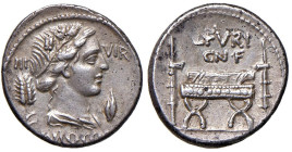 Furia - L. Furius Cn. F. Brocchus - Denario (63 a.C.) Testa di Cerere a d. - R/ Sedia curule tra due fasci di verghe - B. 23; Cr. 414/1 AG (g 3,85)
...