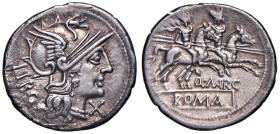 Marcia - Q. Marcius Libo - Denario (148 a.C.) Testa di Roma a d. - R/ I Dioscuri a cavallo a d. - B. 1; Cr. 215/1 AG (g 3,61) Corrosione al margine de...