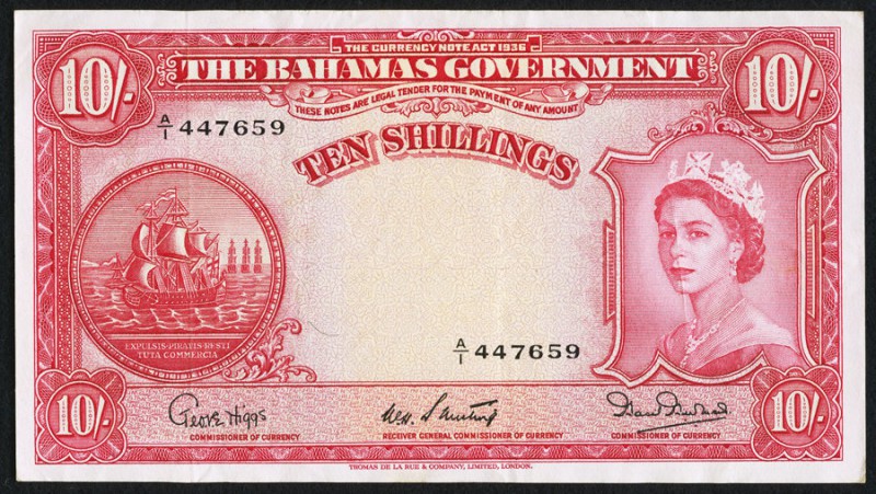 Bahamas Bahamas Government 10 Shillings L. 1936 (1953) Pick 14b Very Fine+. 

HI...