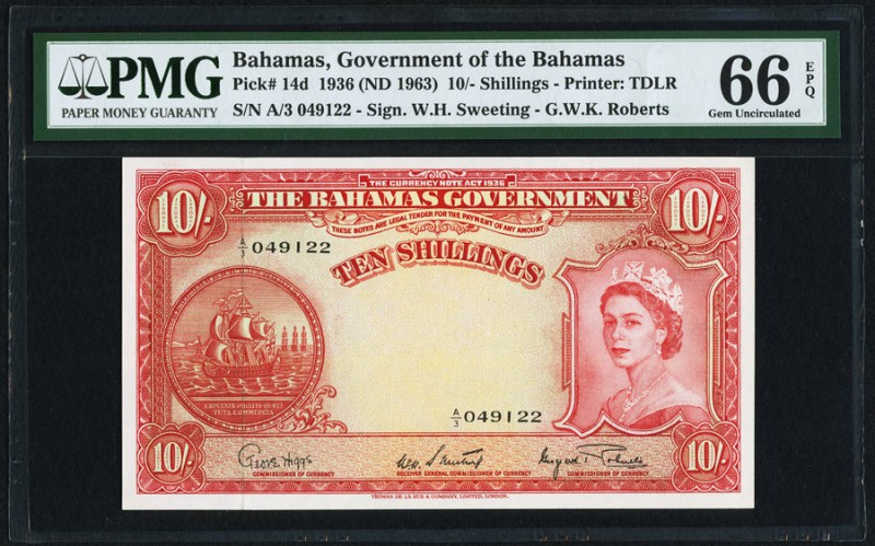 Bahamas Bahamas Government 10 Shillings 1936 (ND 1963) Pick 14d PMG Gem Uncircul...
