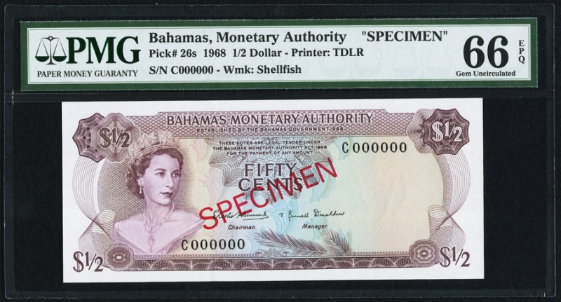 Bahamas Monetary Authority 1/2 Dollar 1968 Pick 26s Specimen PMG Gem Uncirculate...