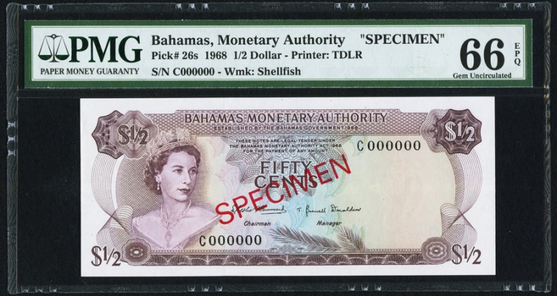 Bahamas Monetary Authority 1/2 Dollar 1968 Pick 26s Specimen PMG Gem Uncirculate...