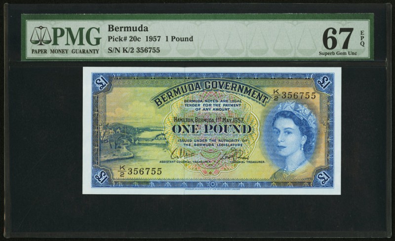 Bermuda Bermuda Government 1 Pound 1.5.1957 Pick 20c PMG Superb Gem Unc 67 EPQ. ...