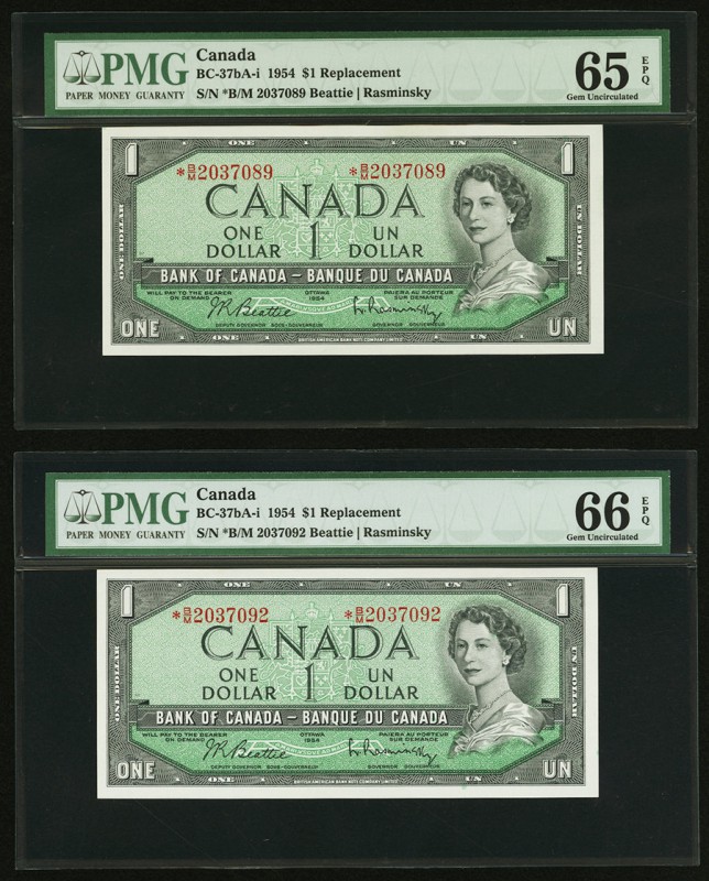 Canada Bank of Canada $1 1954 BC-37bA-i Two Replacement Examples PMG Gem Uncircu...