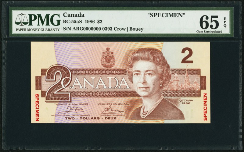 Canada Bank of Canada $2 1986 BC-55aS Specimen PMG Gem Uncirculated 65 EPQ. 

HI...