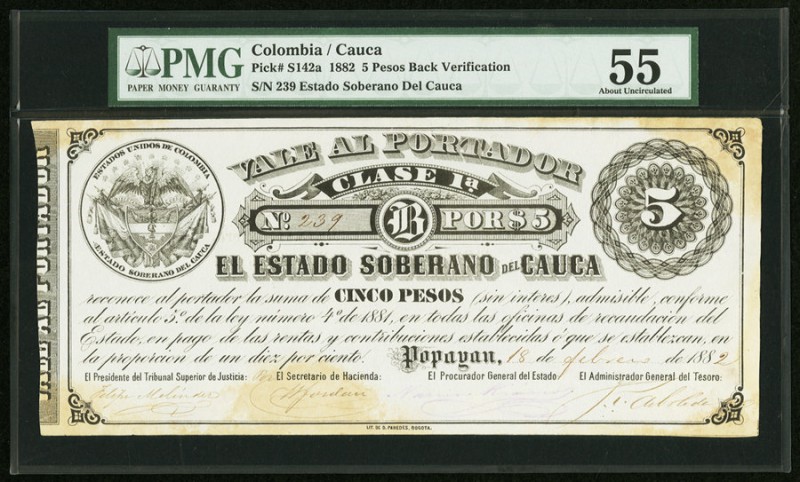 Colombia Banco de Cauca 5 Pesos 1882 Pick S142a PMG About Uncirculated 55. Hand ...