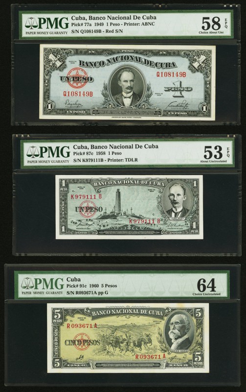 Cuba Banco Nacional de Cuba Lot Of Six PMG Graded Examples. 1 Peso 1949 Pick 77a...