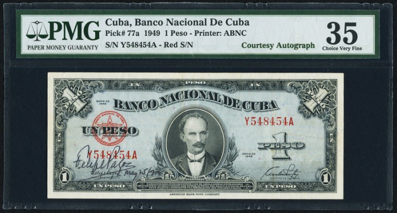 Cuba Banco Nacional de Cuba 1 Peso 1949 Pick 77a "Courtesy Autograph" PMG Choice...