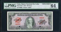 Cuba Banco Nacional de Cuba 100 Pesos 1958 Pick 82s3 Specimen PMG Choice Uncirculated 64. Two POCS.

HID09801242017