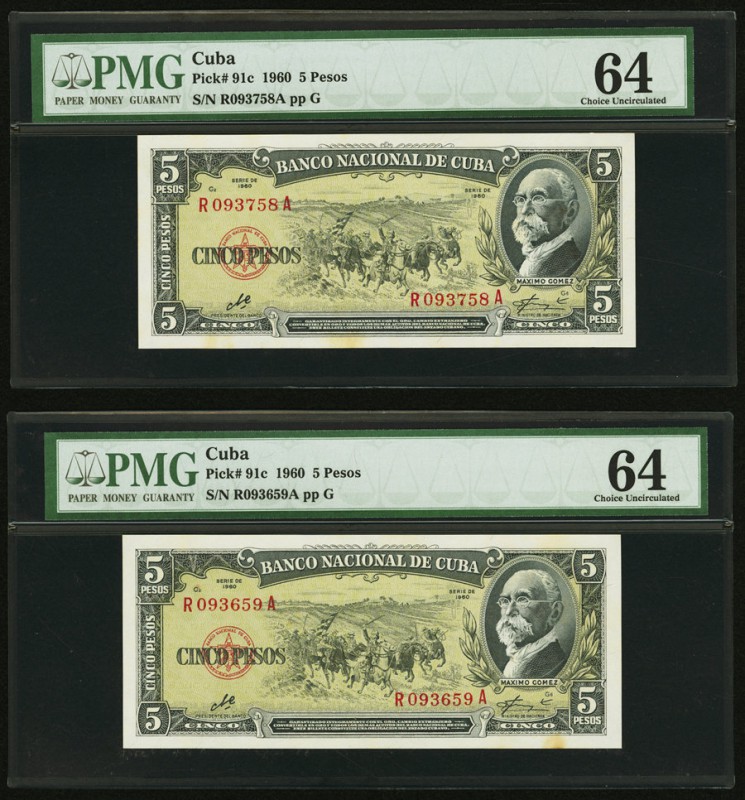 Cuba Banco Nacional de Cuba 5 Pesos 1960 Pick 91c Five Consecutive Examples PMG ...