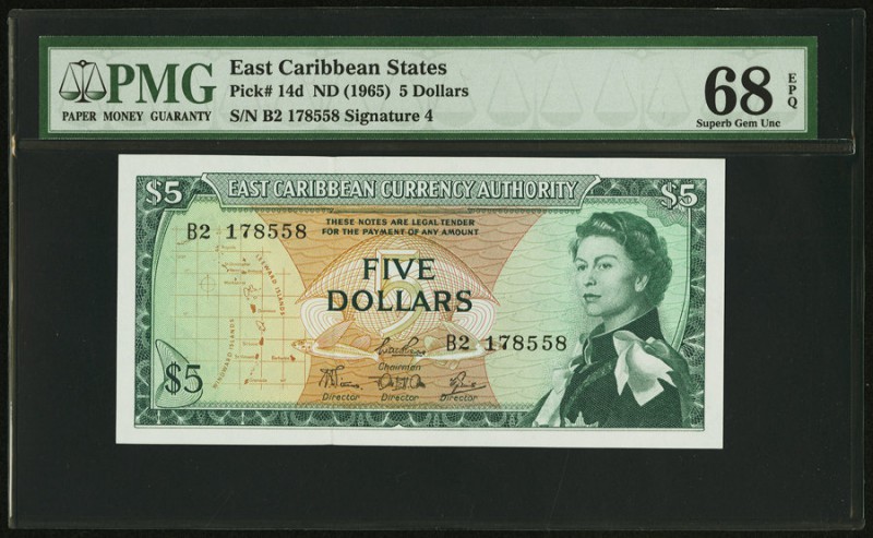 East Caribbean States Currency Authority 5 Dollars ND (1965) Pick 14d PMG Superb...