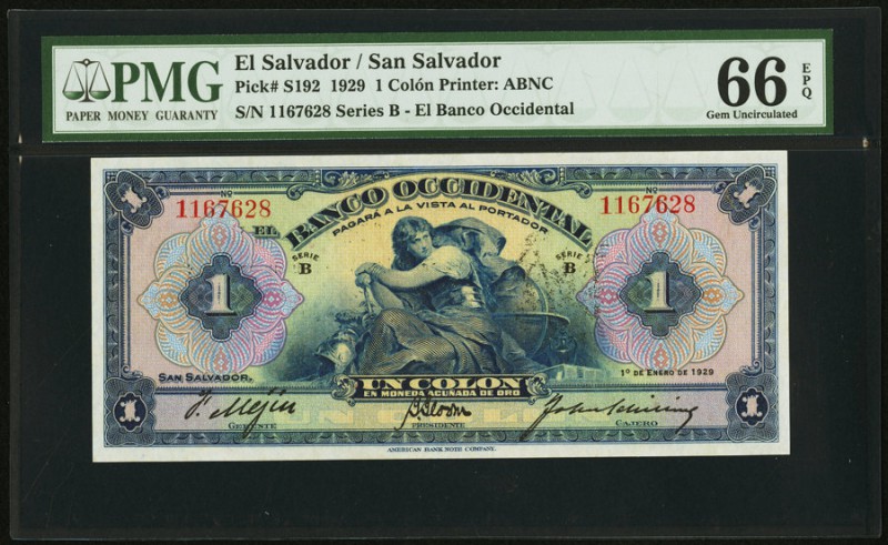 El Salvador Banco Occidental 1 Colon 1.1.1929 Pick S192 PMG Gem Uncirculated 66 ...