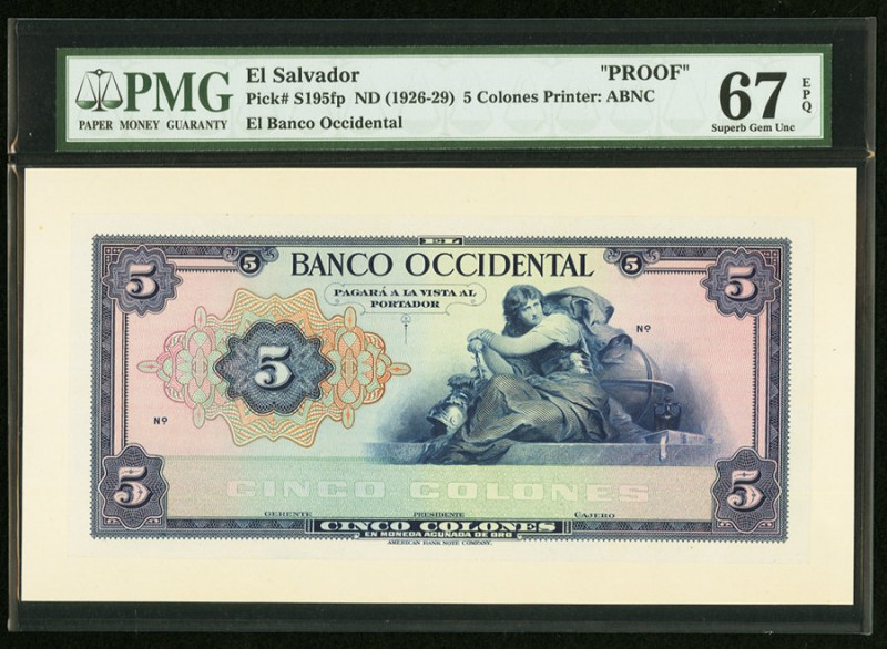 El Salvador Banco Occidental 5 Colones ND (1926-29) Pick S195fp Front Proof PMG ...