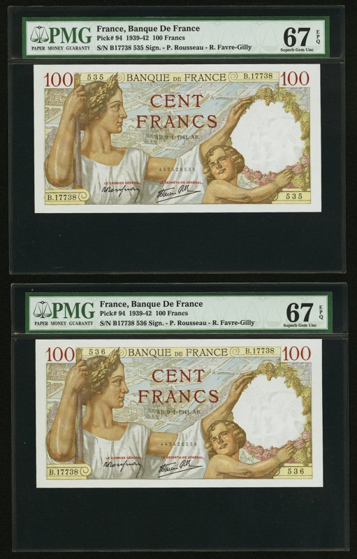 France Banque de France 100 Francs 1939-42 Pick 94 Two Consecutive Examples PMG ...