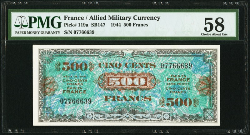 France Allied Military Currency 500 Francs 1944 Pick 119a PMG Choice About Unc 5...