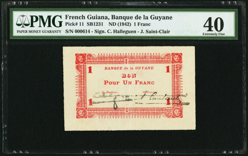 French Guiana Banque de la Guyane 1 Franc ND (1942) Pick 11 PMG Extremely Fine 4...